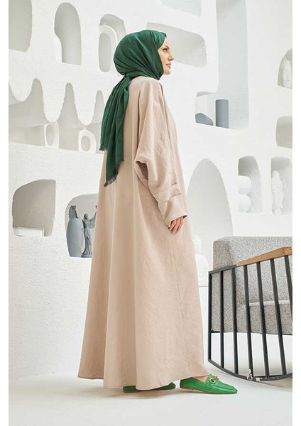 6618-MODAL Süs Düğmeli Abaya Bej modelleri