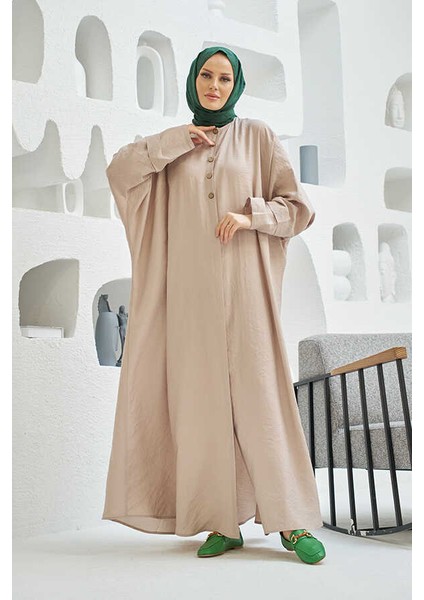 6618-MODAL Süs Düğmeli Abaya Bej indirimleri
