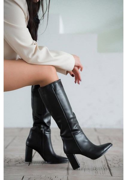 Fely Kadın Deri Fermuarlı Çizme Siyah modelleri