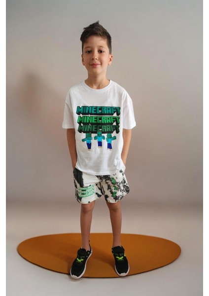 Erkek Çocuk Beyaz Minecraft Alt Üst Şort Takım