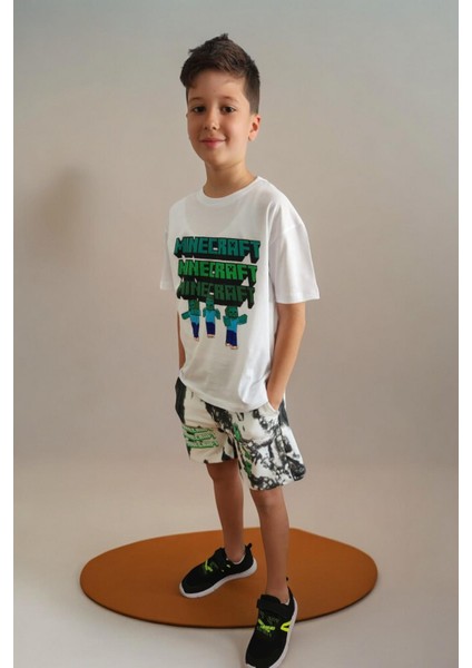 Erkek Çocuk Beyaz Minecraft Alt Üst Şort Takım