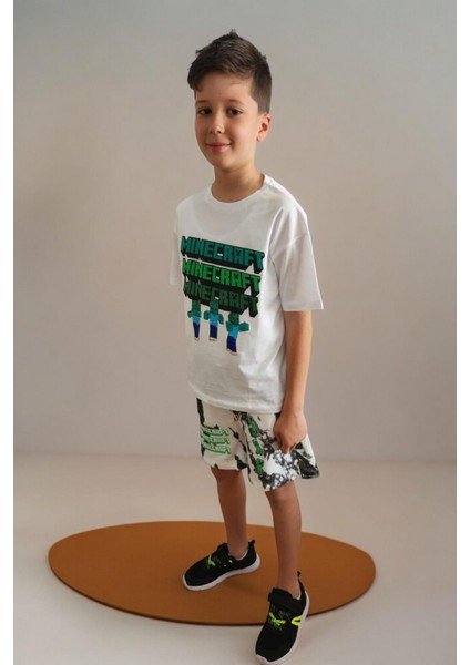Erkek Çocuk Beyaz Minecraft Alt Üst Şort Takım