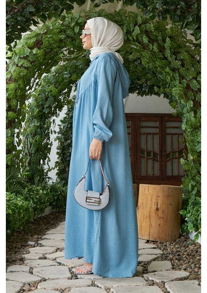 6635-BRIT Düğmeli Denim Ferace Mavi