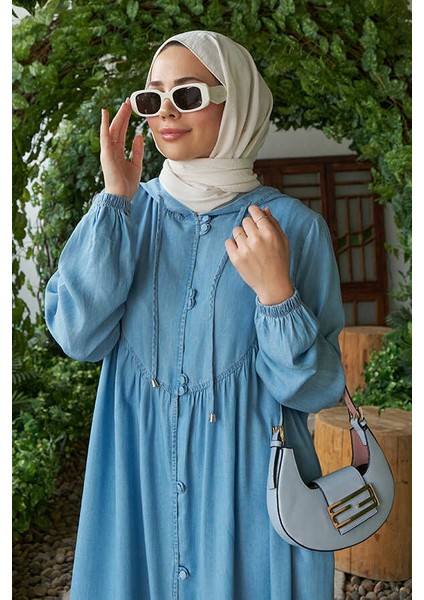 6635-BRIT Düğmeli Denim Ferace Mavi fiyatları