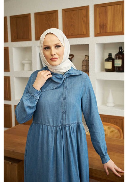 6639- Tensel Süs Yakalı Elbise Koyu Mavi modelleri