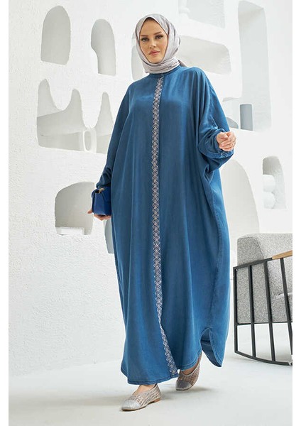6571-TAŞLI Tensel Abaya Koyu Mavi