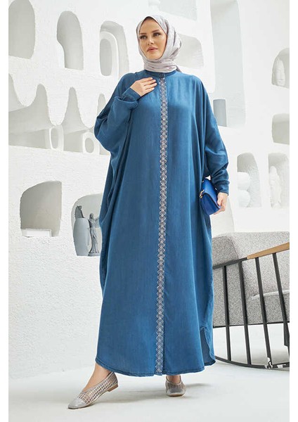 6571-TAŞLI Tensel Abaya Koyu Mavi indirimleri