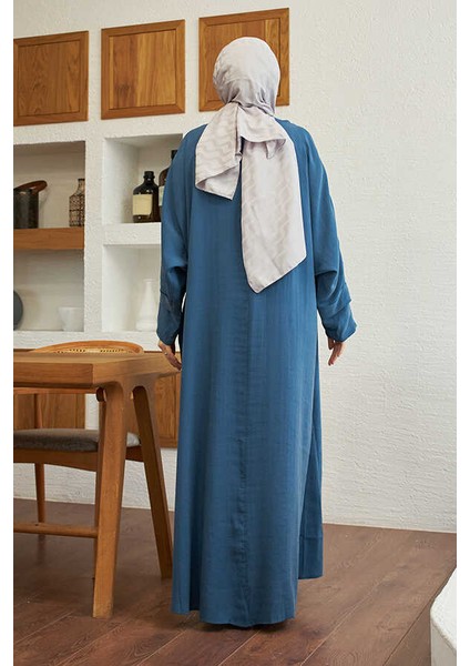 6618-MODAL Süs Düğmeli Abaya Indigo