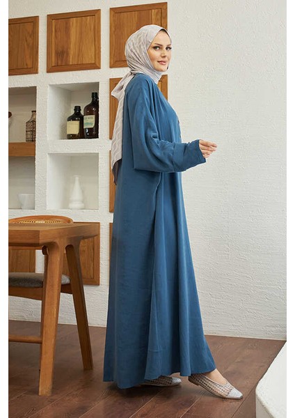 6618-MODAL Süs Düğmeli Abaya Indigo