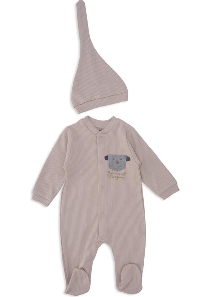Unisex Bebek Hayvan Nakışlı Raporlu Çıtçıtlı Şapkalı Patikli Tulum