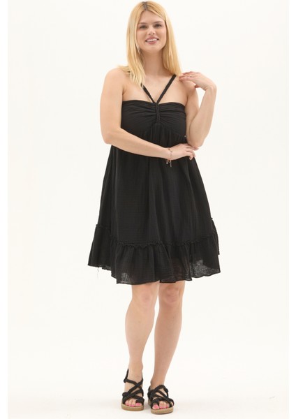 Siyah Müslin Boyundan Bağlamalı Kısa Yazlık Elbise fiyatları