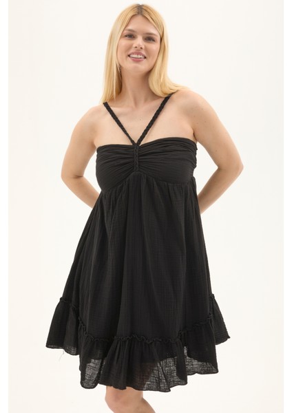 Siyah Müslin Boyundan Bağlamalı Kısa Yazlık Elbise modelleri