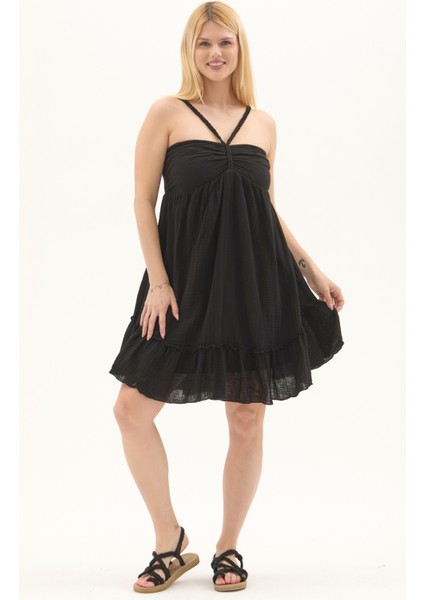 Siyah Müslin Boyundan Bağlamalı Kısa Yazlık Elbise fırsatları