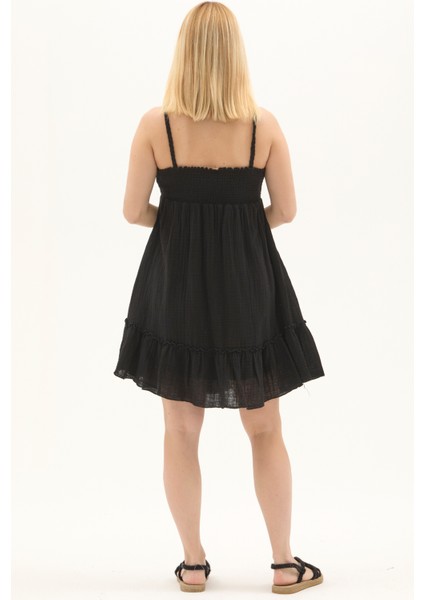 Siyah Müslin Boyundan Bağlamalı Kısa Yazlık Elbise indirimleri