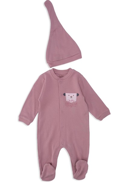 Unisex Bebek Hayvan Nakışlı Raporlu Çıtçıtlı Şapkalı Patikli Tulum