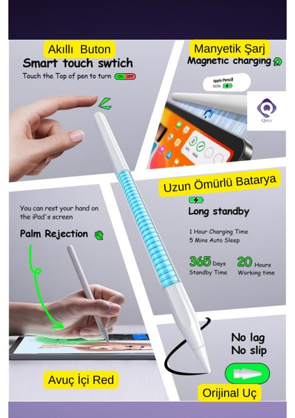 iPad 10.9 Inç Air 4. Nesil Uyumlu Manyetik ve Kablosuz Şarj Olabilen Stylus Bluetooth Tablet Kalemi
