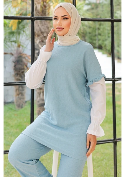 Fırfırlı Bürümcük Tunik Pantolon Takım 865 - Mavi