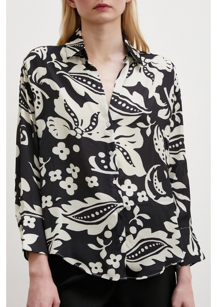 Çiçek Desenli Saten Gömlek Siyah fiyatları