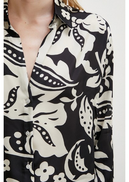 Çiçek Desenli Saten Gömlek Siyah modelleri
