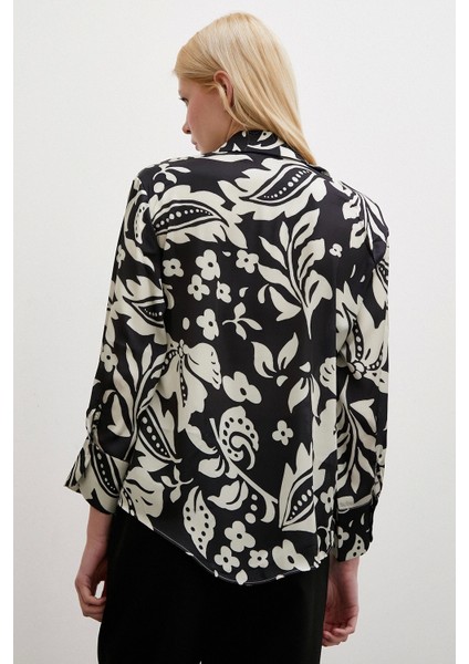 Çiçek Desenli Saten Gömlek Siyah fırsatları