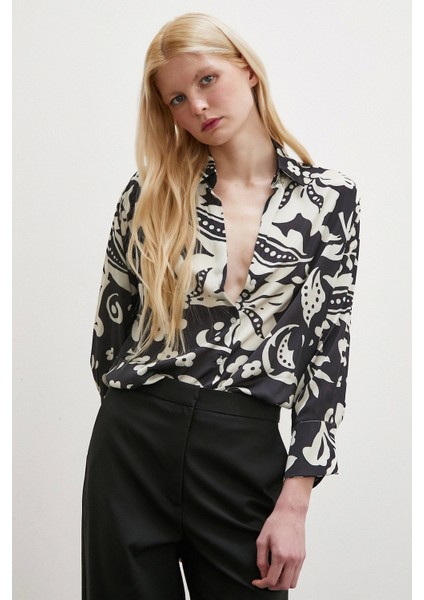 Çiçek Desenli Saten Gömlek Siyah indirimleri