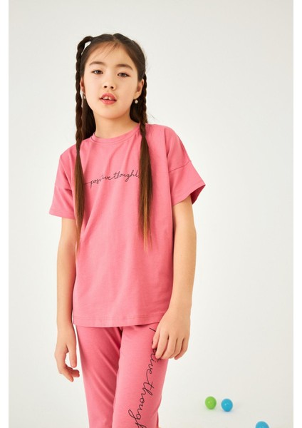 Positive Baskılı Basic Kız Çocuk Taytlı Takım Gül Kurusu modelleri