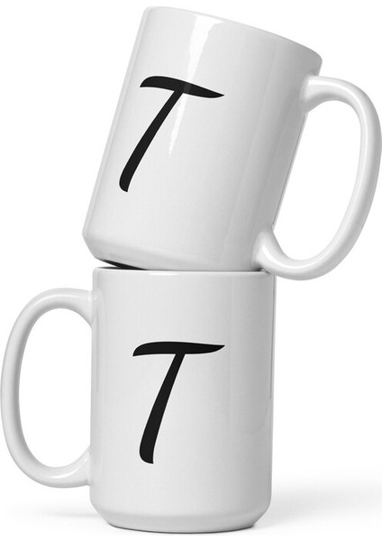 T Monogram - Beyaz Parlak Kupa - Ingilizce Kahve Kupa