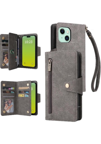 El Kayışı Manyetik Kart ile iphone 15 Artı Fermuar Cüzdan Kapak (Yurt Dışından)
