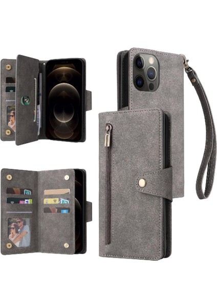 El Kayışı Fermuar Cüzdan Kapak Manyetik ile iphone 12 Pro Max Için Kılıf (Yurt Dışından)