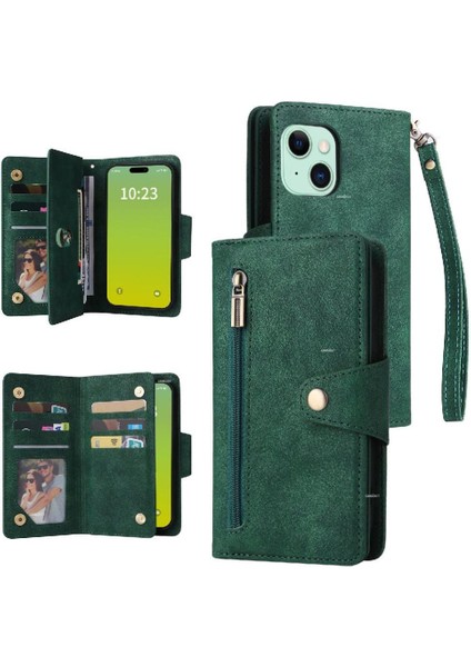 El Kayışı Manyetik Kart ile iphone 15 Artı Fermuar Cüzdan Kapak (Yurt Dışından)