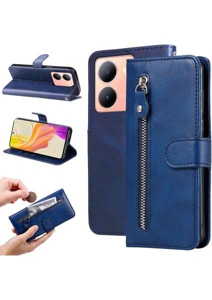 Ile Uyumlu Vıvo Y36 Moda Fermuar Çevirme Deri Telefon Kılıfı Kart Tutuculu Manyetik Cüzdan Telefon Kılıfı (Yurt Dışından)