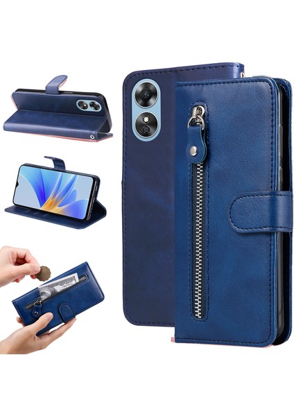 Ile Uyumlu Oppo A17 Moda Fermuar Çevirme Deri Telefon Kılıfı Kart Tutuculu Manyetik Cüzdan Telefon Kılıfı (Yurt Dışından)