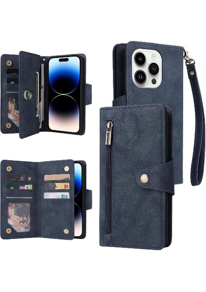 El Kayışı Fermuar ile iphone 14 Pro Kart Tutucu Manyetik Deri Kılıf (Yurt Dışından)