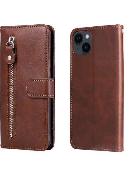 Ile Uyumlu iPhone 15 Plus Moda Fermuar Çevirme Deri Telefon Kılıfı Kart Tutuculu Manyetik Cüzdan Telefon Kılıfı (Yurt Dışından)