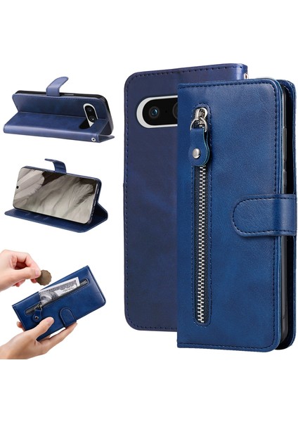 Ile Uyumlu Google Pixel 8 Moda Fermuar Çevirme Deri Telefon Kılıfı Kart Tutuculu Manyetik Cüzdan Telefon Kılıfı (Yurt Dışından)