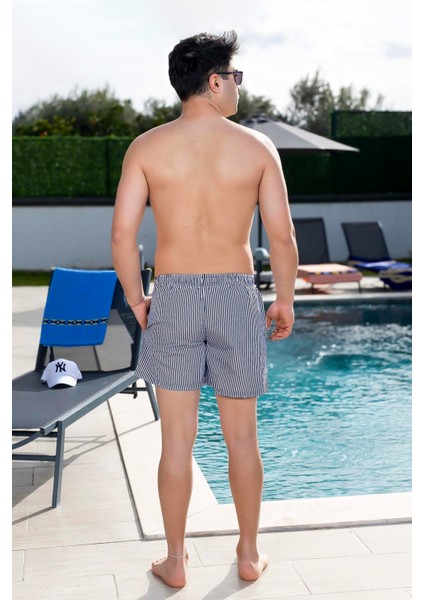 Erkek Basic İnce Çizgili Baskılı Cepli Siyah Deniz Şortu Hızla Kuruyan Rahat Tasarım modelleri