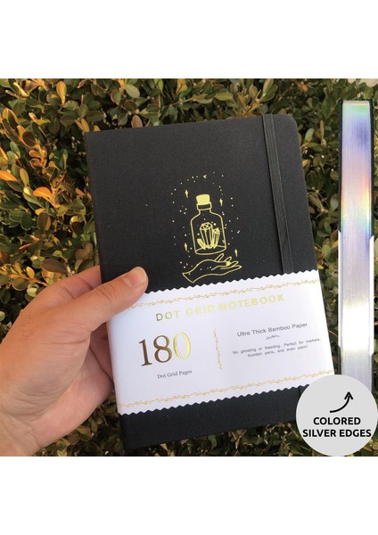 Pembe Tarzı Renkli Gümüş Kenarlar Buke Defter Noktalı Günlük Nokta Izgara Sayfaları 180GSM Bambu Kalın Beyaz Kağıt, Siyah Su Geçirmez Kumaş Kapak (Yurt Dışından)