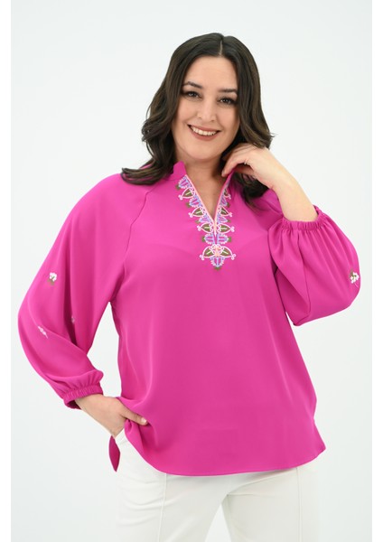 Kadın Nakış Detaylı Uzun Kollu Bluz 1715-24