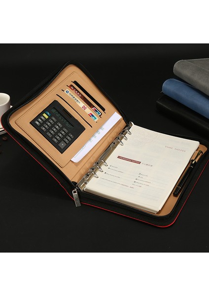 Siyah Stil A6 Kawaii B5 A5 A6 Iş Günlük Planlayıcısı Binder Defter Gündemi Gerçek Deri Bloknot Klasörü Hesap Makinesi ile Not Defteri Kırtasiye (Yurt Dışından)