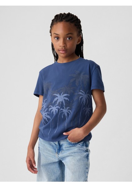 Kız Çocuk Koyu Mavi Grafikli T-Shirt