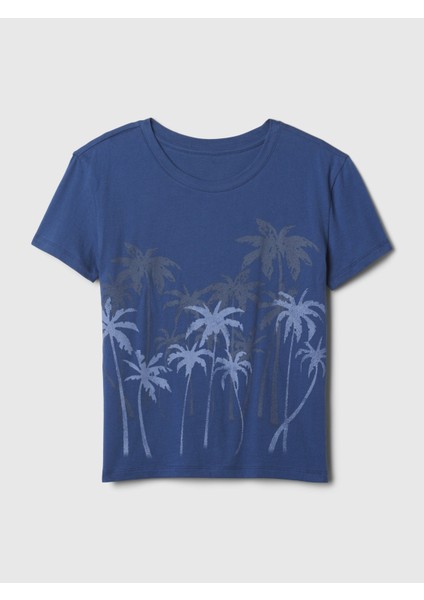 Kız Çocuk Koyu Mavi Grafikli T-Shirt