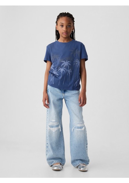 Kız Çocuk Koyu Mavi Grafikli T-Shirt