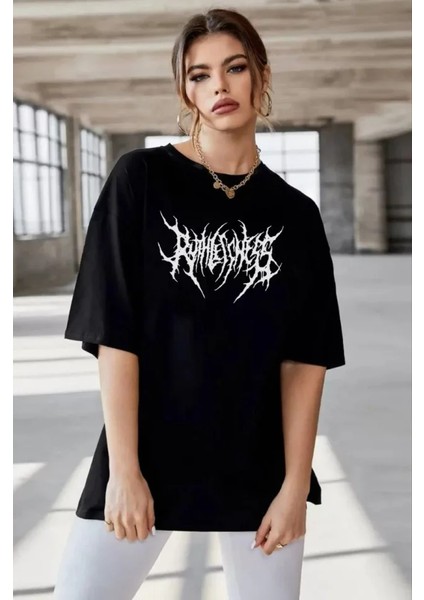 Alinn Butikk Unisex Bisiklet Yaka Baskılı Oversize T-Shirt - Siyah