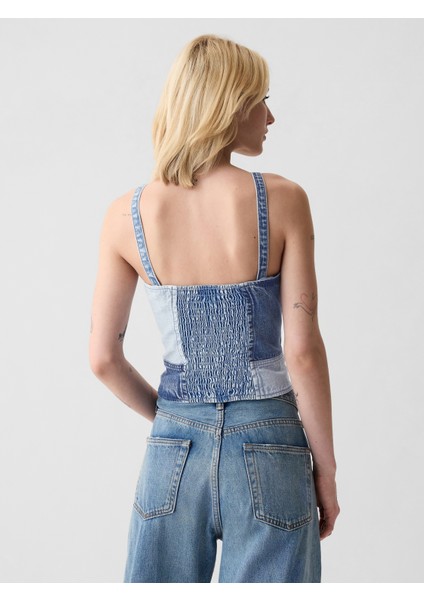 Kadın Mavi Patchwork Denim Korse Bluz