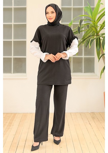 Fırfırlı Bürümcük Tunik Pantolon Takım 865 - Siyah modelleri