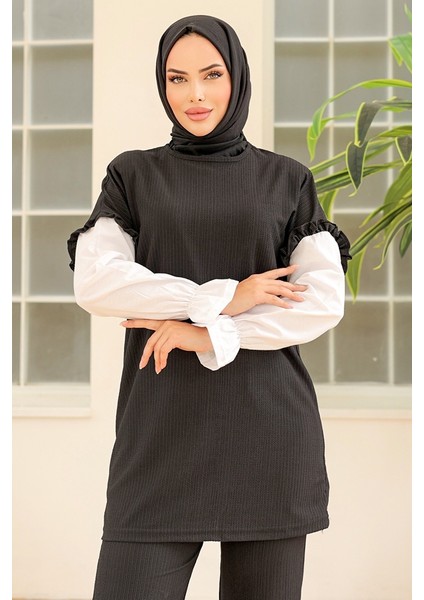 Fırfırlı Bürümcük Tunik Pantolon Takım 865 - Siyah fırsatları