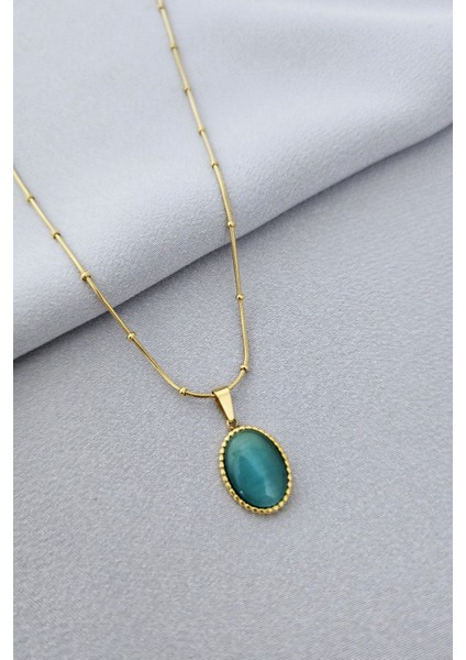 Çelik Kolye Yeşil Taşlı