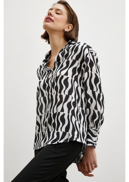 Siyah Baskılı Saten Gömlek Siyah