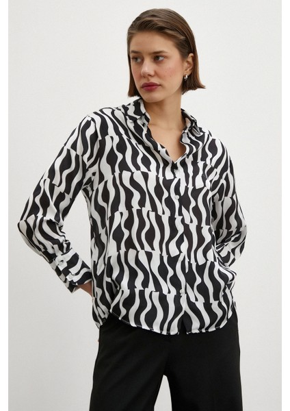 Siyah Baskılı Saten Gömlek Siyah indirimleri