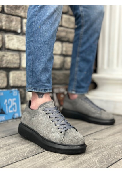 BA0547 Boa Kalın Yüksek Taban Gri Siyah Süet Bağcıklı Spor Erkek Ayakkabı